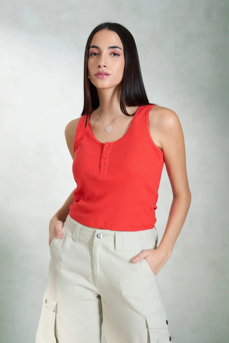 Virgio VIRGIO 100% Cotton Fiery Red Sleeveless Scoop Top