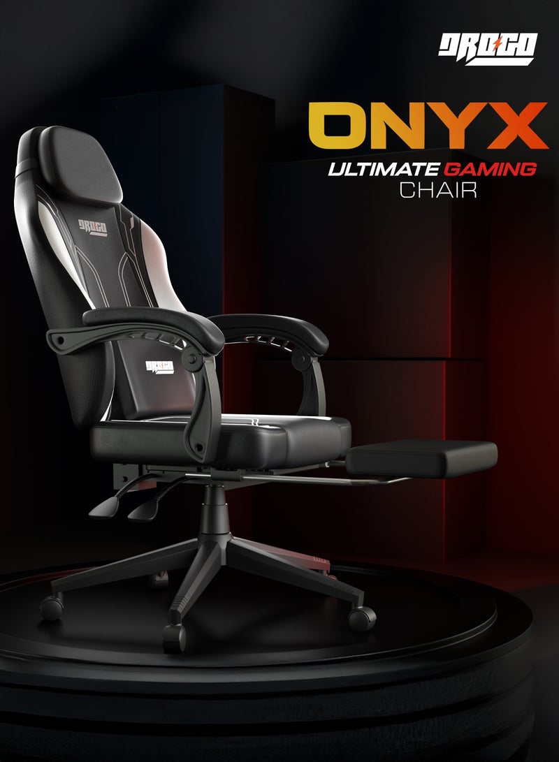 DROGO Onyx Premium Ergonomic Gaming Chair, Video Game Chair with Linkage Armrest, Footrest & Adjustable Seat Computer Chair with PU Leather, Head & Massager Lumbar Pillow Home & Office Chair with Recline Black White  - Image 3