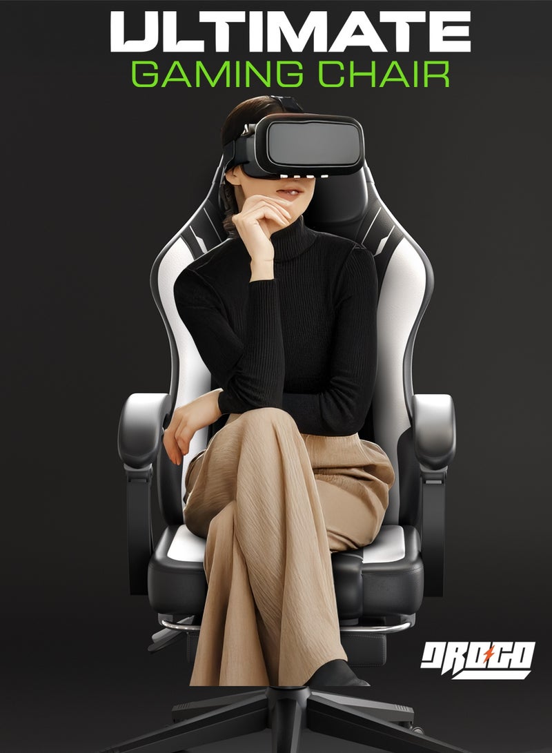 DROGO Onyx Premium Ergonomic Gaming Chair, Video Game Chair with Linkage Armrest, Footrest & Adjustable Seat Computer Chair with PU Leather, Head & Massager Lumbar Pillow Home & Office Chair with Recline Black White  - Image 2