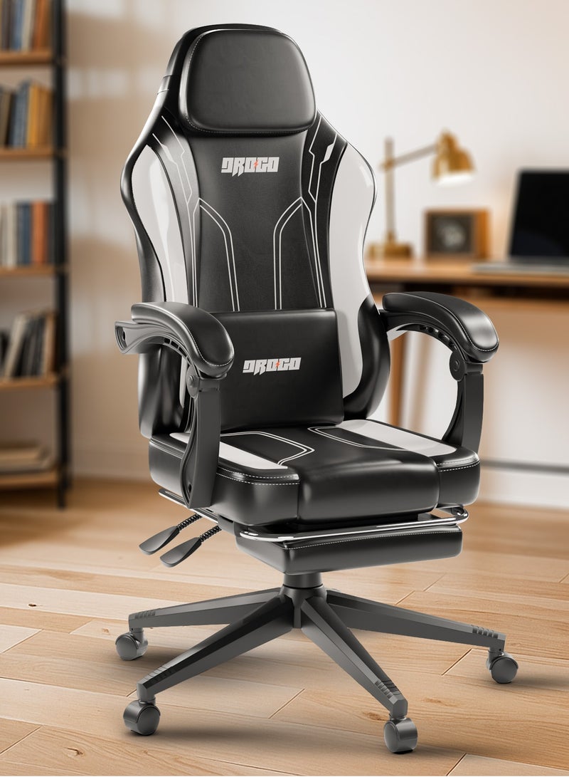 DROGO Onyx Premium Ergonomic Gaming Chair, Video Game Chair with Linkage Armrest, Footrest & Adjustable Seat Computer Chair with PU Leather, Head & Massager Lumbar Pillow Home & Office Chair with Recline Black White  - Image 1