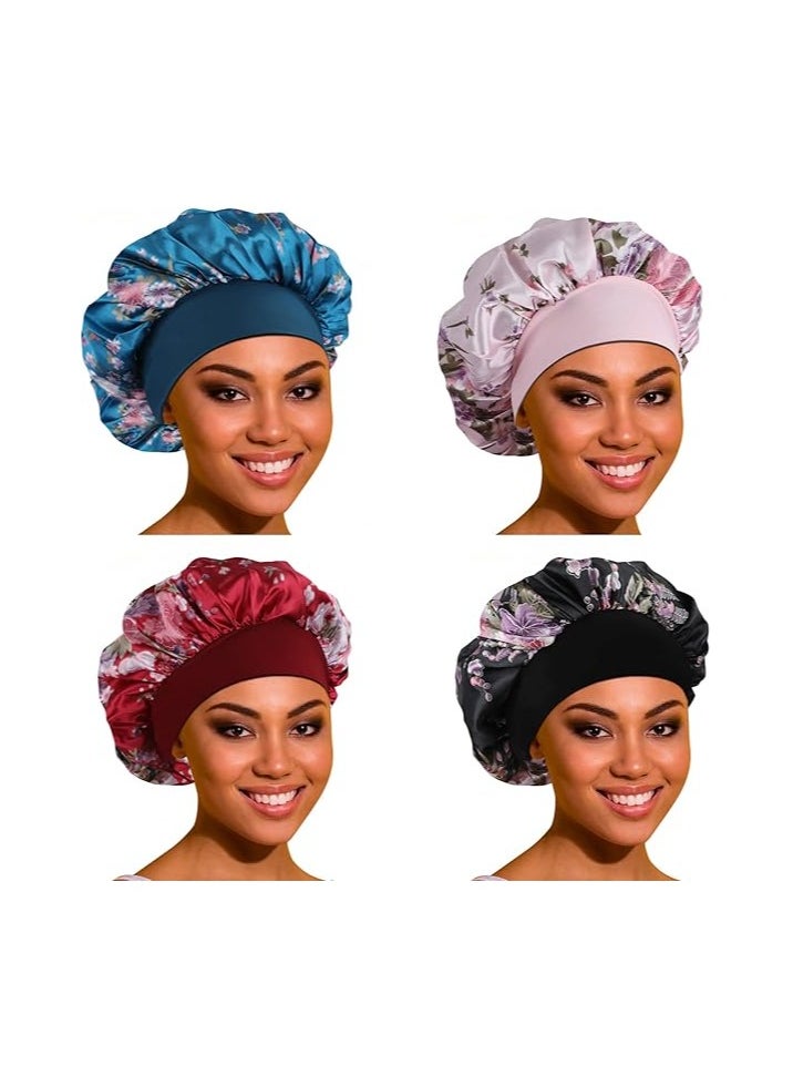 YOMA 4 Pack Breathable Jumbo Silk Bonnet with Elastic Soft Band, Silk Sleep Caps for Women, Silk Hair Wrap for Sleeping and Curly Hair, Women Long Curly Braid Hair (Black, Pink, Blue and Red)  - Image 1