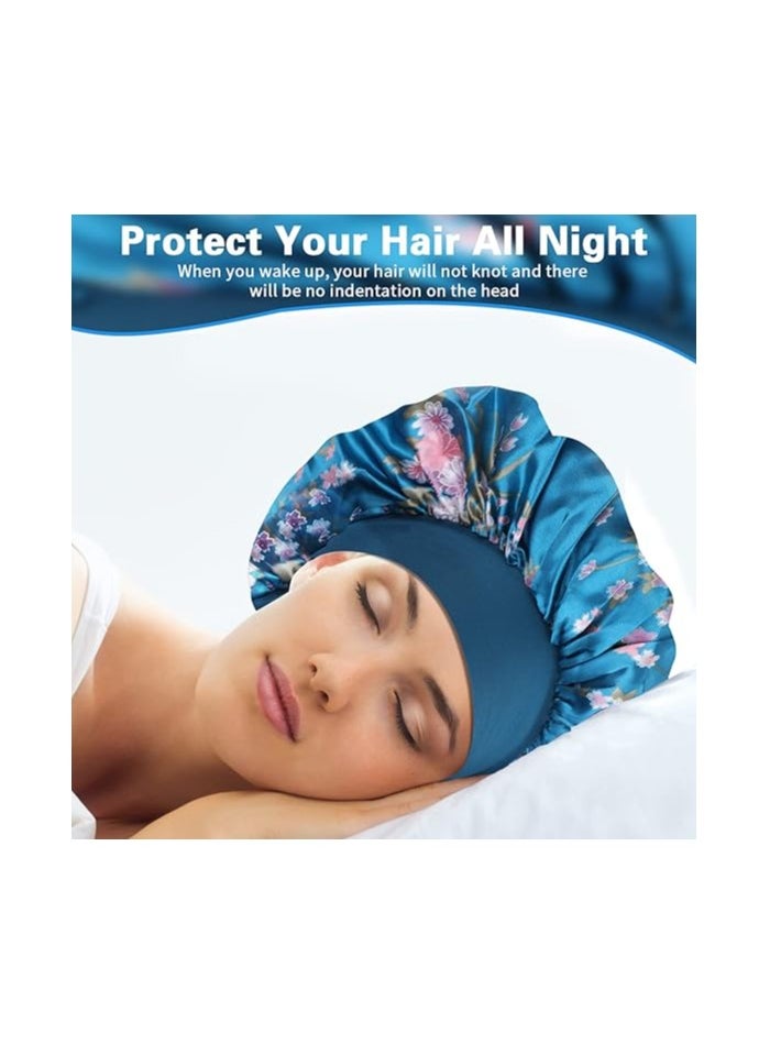 YOMA 4 Pack Breathable Jumbo Silk Bonnet with Elastic Soft Band, Silk Sleep Caps for Women, Silk Hair Wrap for Sleeping and Curly Hair, Women Long Curly Braid Hair (Black, Pink, Blue and Red)  - Image 3