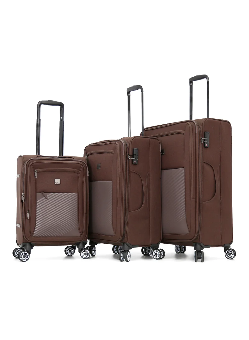 تيتان Softside Luggage Trolley Bag 3 Pieces Set With Double Spinner Wheels,Coffee (S-20, M-24, L-28 inch)