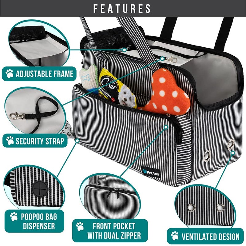 PetAmi Small Dog Purse Carrier, Soft-Sided Pet Carrier Bag with Pockets, Portable Puppy Cat Travel Handbag Tote, Airline Approved Breathable Mesh, Poop Bag Dispenser, Max 18 lbs, Stripe Black - Image 3
