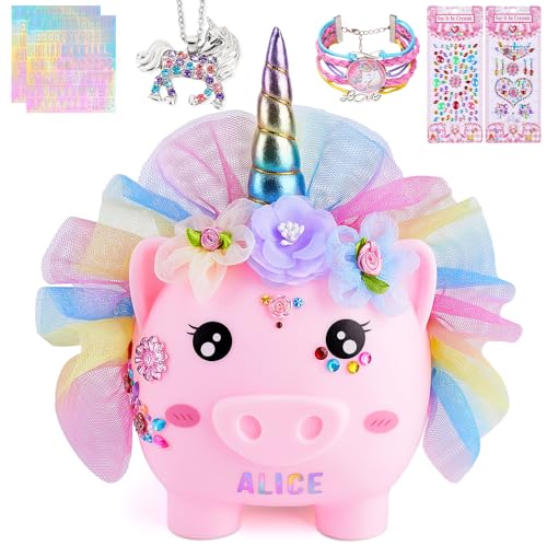 Play Tailor Piggy Bank for Girls Large Unicorn Piggy Banks with Necklace Bracelet DIY Stickers Cute Coin Piggybank Unbreakable for Toddler Kids Christmas Birthday Gifts, Pink with Rainbow Dress, M - Image 1