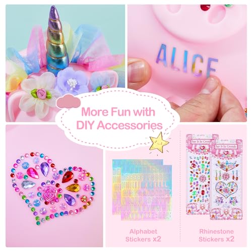 Play Tailor Piggy Bank for Girls Large Unicorn Piggy Banks with Necklace Bracelet DIY Stickers Cute Coin Piggybank Unbreakable for Toddler Kids Christmas Birthday Gifts, Pink with Rainbow Dress, M - Image 5