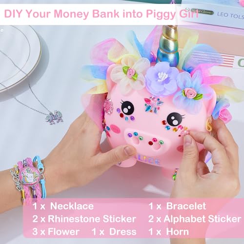 Play Tailor Piggy Bank for Girls Large Unicorn Piggy Banks with Necklace Bracelet DIY Stickers Cute Coin Piggybank Unbreakable for Toddler Kids Christmas Birthday Gifts, Pink with Rainbow Dress, M - Image 2
