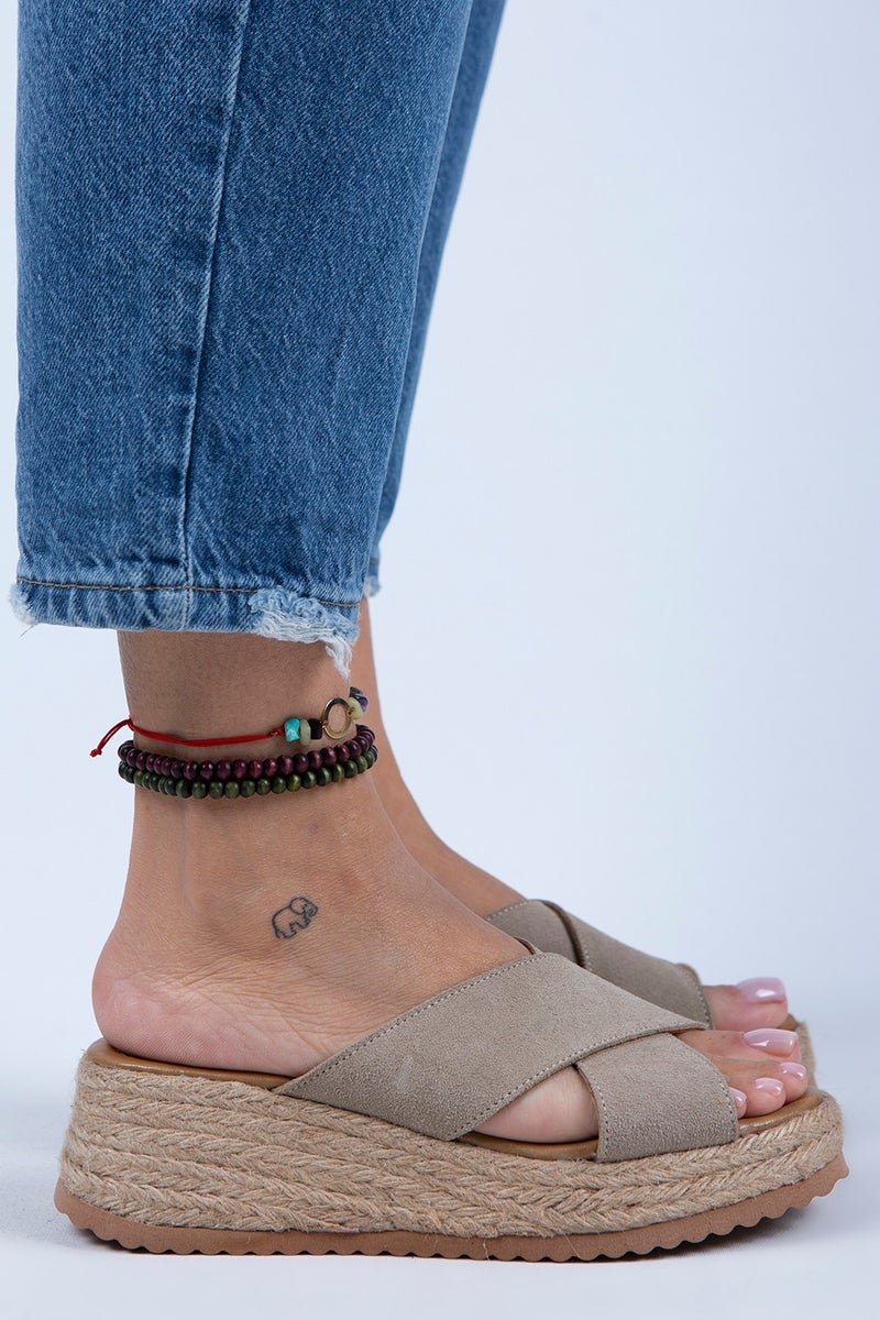 Manijero Tegan Women's Leather Double Tape Cross Slippers Beige Suede Slippers - Image 1