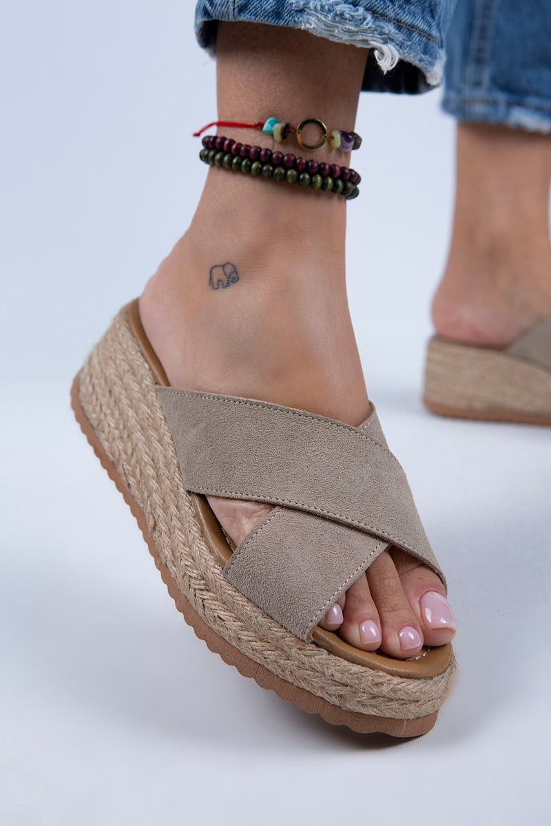 Manijero Tegan Women's Leather Double Tape Cross Slippers Beige Suede Slippers - Image 4