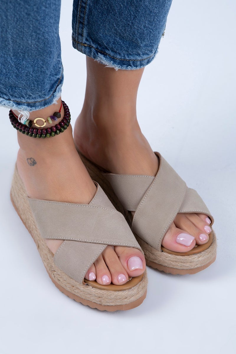 Manijero Tegan Women's Leather Double Tape Cross Slippers Beige Suede Slippers - Image 2