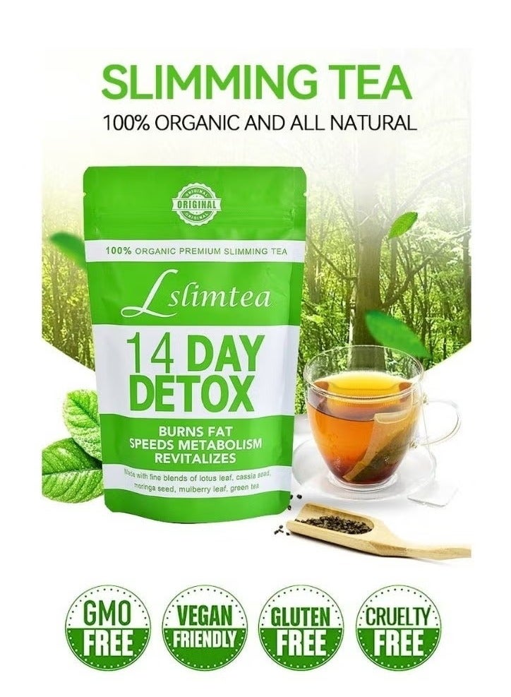 Slimtea Lslimtea Premium Organic Herbal Slimming Tea. Description: A 14-day detox tea designed to burn fat, speed up metabolism, and energize the body. Ingredients: A blend of lotus leaves, cassia seeds, moringa seeds, mulberry leaves, and green tea. Uses: A natural product for detoxification and weight loss. - Image 2