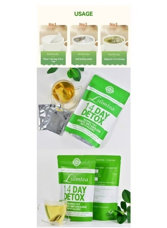 Slimtea Lslimtea Premium Organic Herbal Slimming Tea. Description: A 14-day detox tea designed to burn fat, speed up metabolism, and energize the body. Ingredients: A blend of lotus leaves, cassia seeds, moringa seeds, mulberry leaves, and green tea. Uses: A natural product for detoxification and weight loss. - Image 4