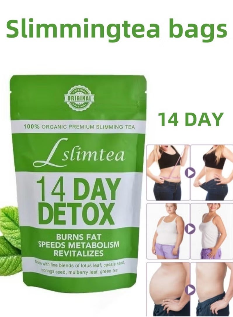 Slimtea Lslimtea Premium Organic Herbal Slimming Tea. Description: A 14-day detox tea designed to burn fat, speed up metabolism, and energize the body. Ingredients: A blend of lotus leaves, cassia seeds, moringa seeds, mulberry leaves, and green tea. Uses: A natural product for detoxification and weight loss. - Image 1