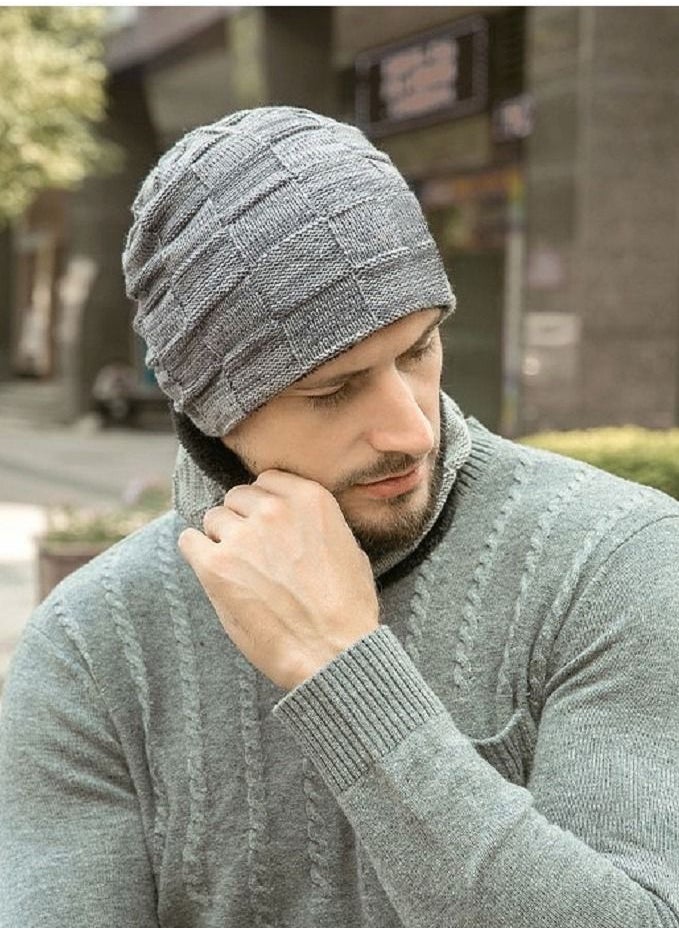 NIBEMINENT 2pcs Mens Winter Beanie Hats Scarf Set Warm Knit Skull Cap Neck Warmer with Thick Fleece Lined Outdoor Sports Hat Sets Grey  - Image 2