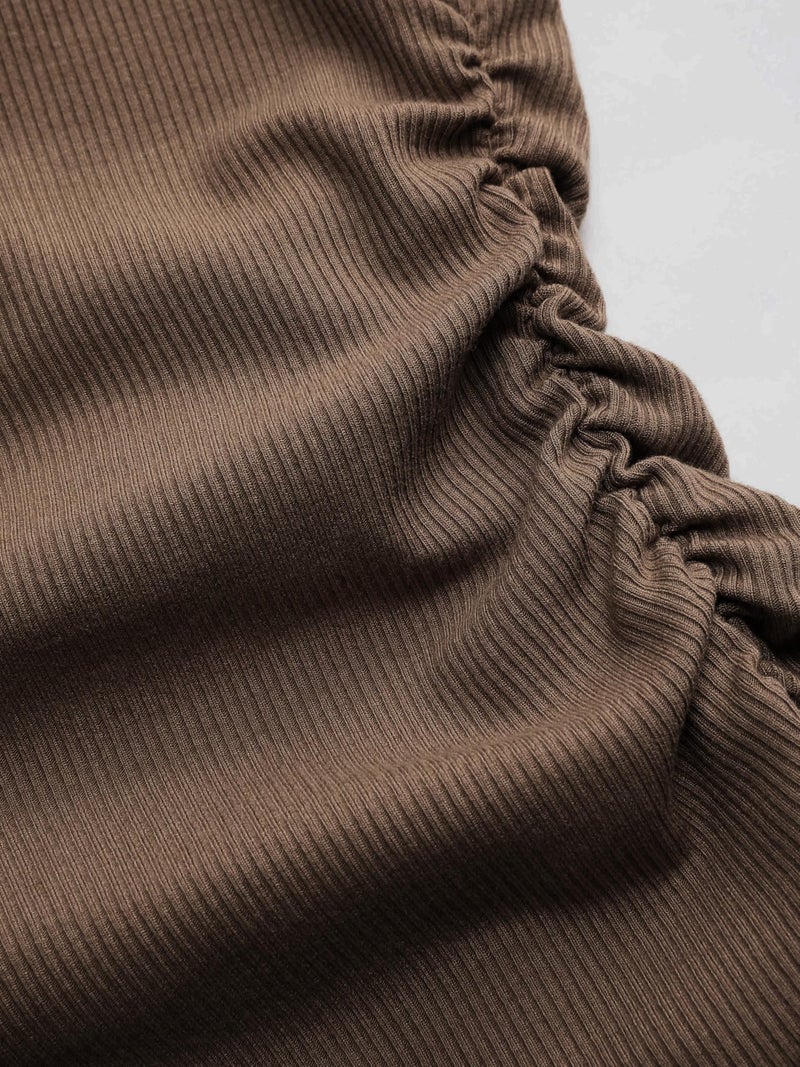 CIDER Women's Asymmetrical Top Off The Shouler Long Sleeve Shirts Ruched Going Out Crop Tops: Brown, XS - Image 4