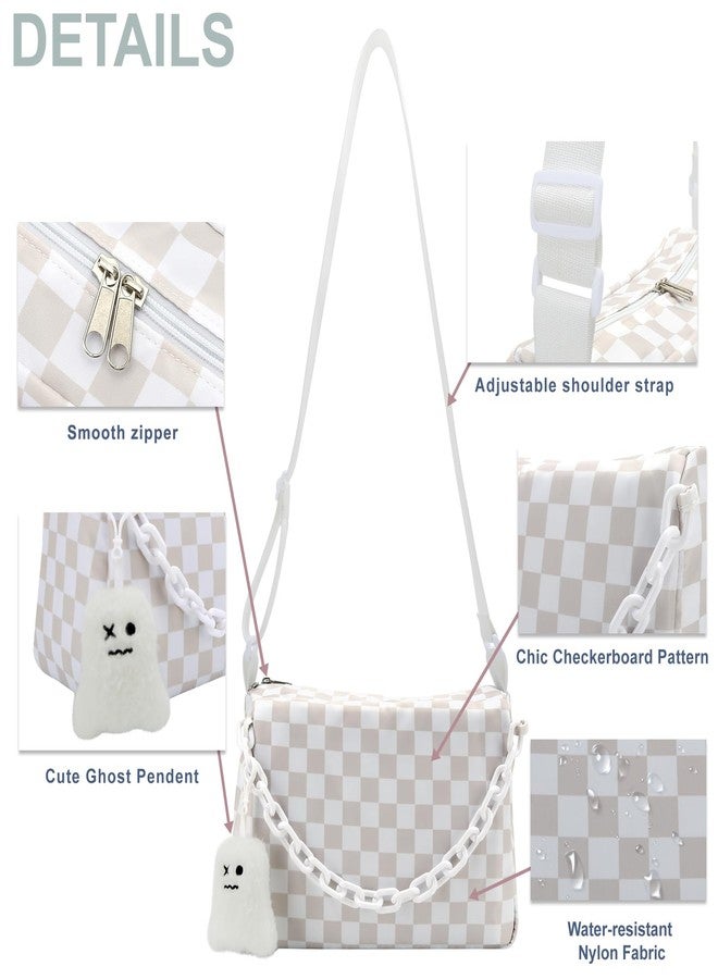 DOB SECHS Checkered Crossbody Bag for Women Nylon Cute Messenger Purse Hobo Bag Spacious Checkerboard Handbag Wallet Cross Body Belt Sling Bags for Travel with Ghost Pendent, Adjustable Strap, White - Image 4