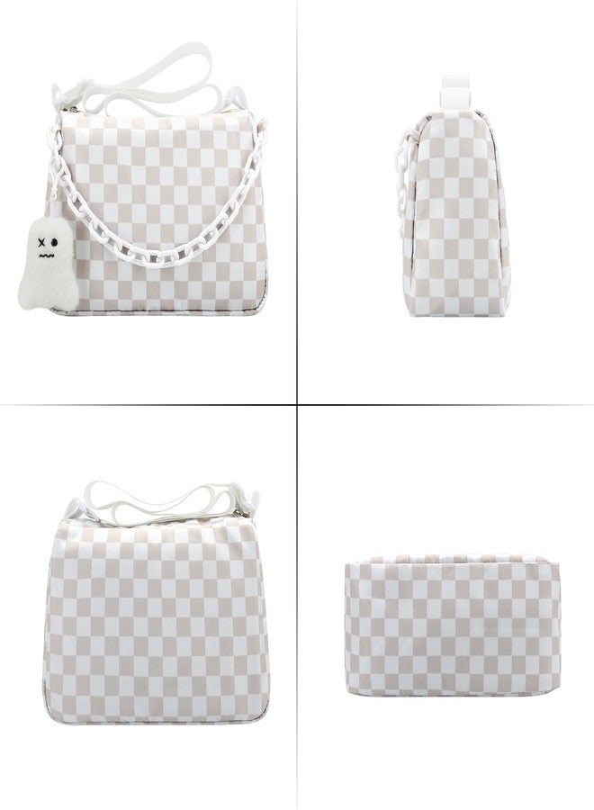 DOB SECHS Checkered Crossbody Bag for Women Nylon Cute Messenger Purse Hobo Bag Spacious Checkerboard Handbag Wallet Cross Body Belt Sling Bags for Travel with Ghost Pendent, Adjustable Strap, White - Image 5