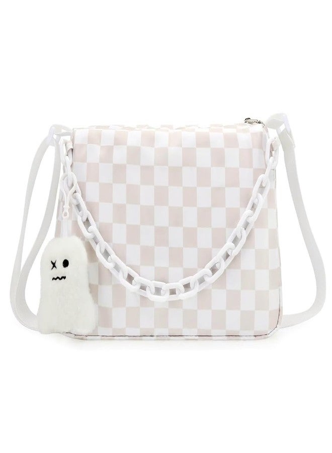 DOB SECHS Checkered Crossbody Bag for Women Nylon Cute Messenger Purse Hobo Bag Spacious Checkerboard Handbag Wallet Cross Body Belt Sling Bags for Travel with Ghost Pendent, Adjustable Strap, White - Image 1