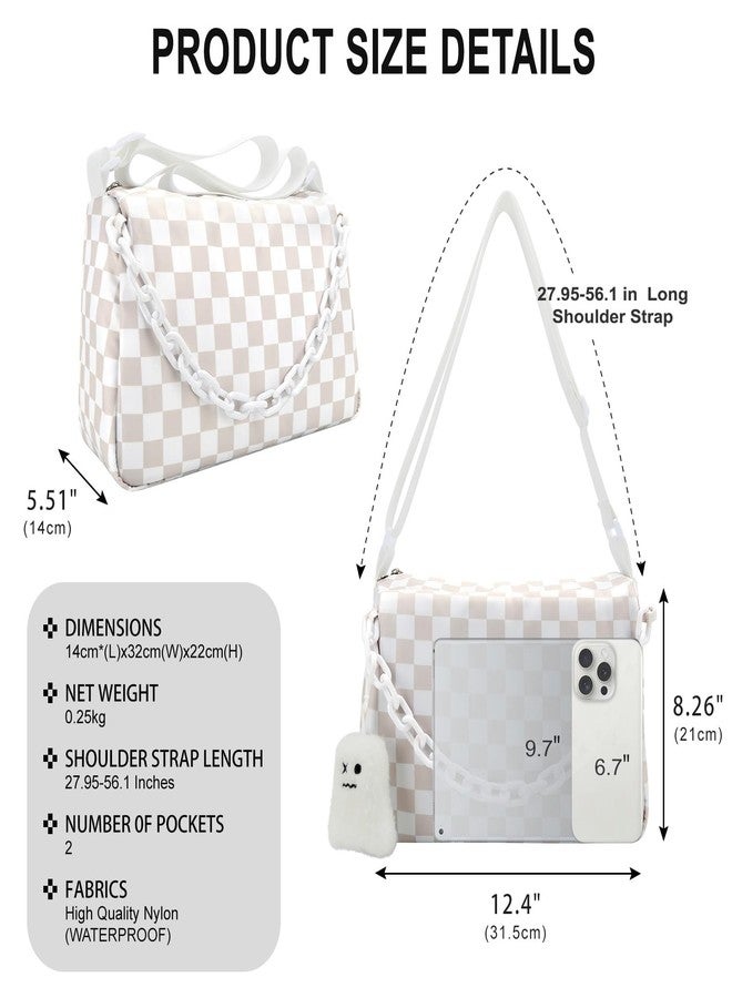 DOB SECHS Checkered Crossbody Bag for Women Nylon Cute Messenger Purse Hobo Bag Spacious Checkerboard Handbag Wallet Cross Body Belt Sling Bags for Travel with Ghost Pendent, Adjustable Strap, White - Image 3