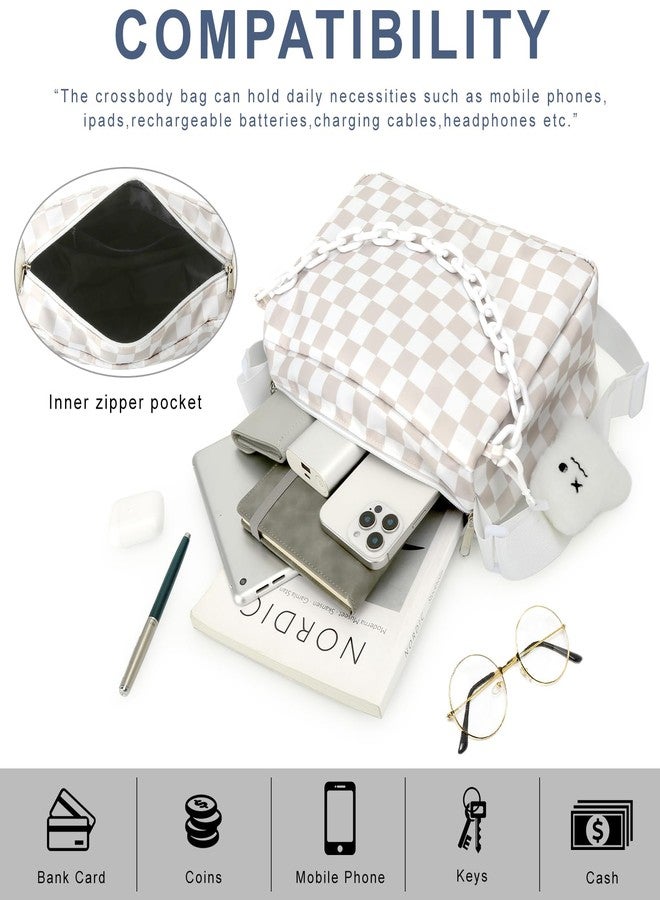 DOB SECHS Checkered Crossbody Bag for Women Nylon Cute Messenger Purse Hobo Bag Spacious Checkerboard Handbag Wallet Cross Body Belt Sling Bags for Travel with Ghost Pendent, Adjustable Strap, White - Image 2
