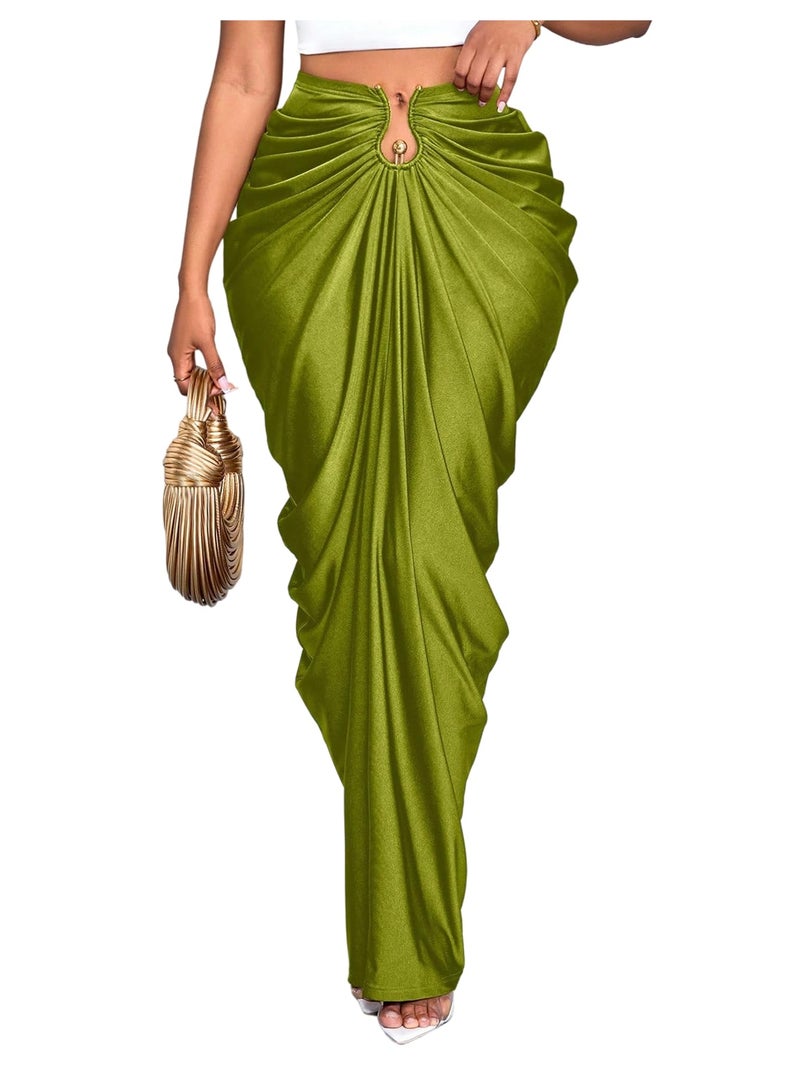 WDIRARA Women's Ruched Bodycon Maxi Skirt Cocktail Party High Waisted Long Fishtail Skirts Olive Green Large - Image 1