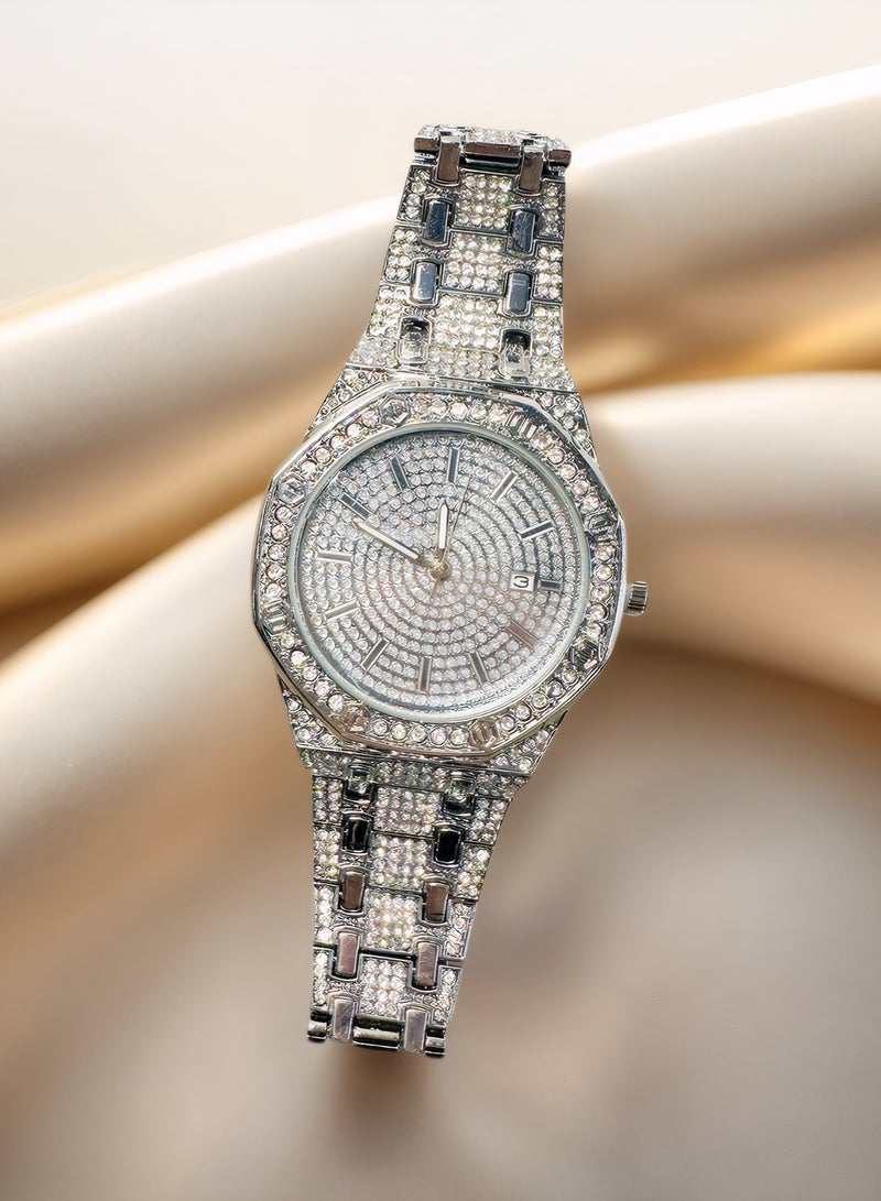 امريوريو ساعة أنيقة مثمنة الشكل مرصعة بالألماس ومرصعة بالزركون للرجال والنساء - لون فضي - Image 1