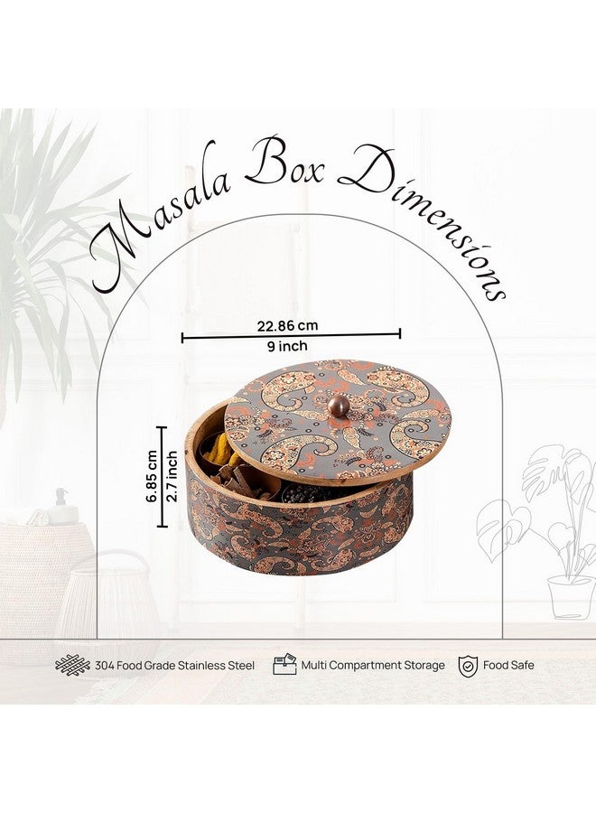 nestroots Wooden Masala Box for Kitchen 9-Inch Spice Organizer with 7 Stainless Steel Jars Anjarai Petti, Masala Dani Box, Cereal, Dry Fruits Durable & Stylish Container |Printed Grey - Image 2