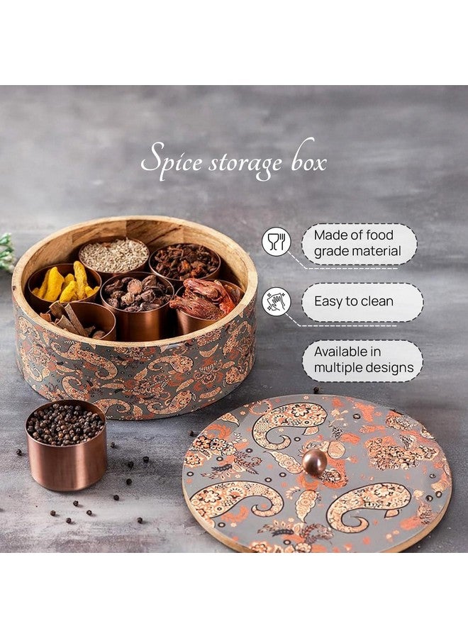 nestroots Wooden Masala Box for Kitchen 9-Inch Spice Organizer with 7 Stainless Steel Jars Anjarai Petti, Masala Dani Box, Cereal, Dry Fruits Durable & Stylish Container |Printed Grey - Image 4