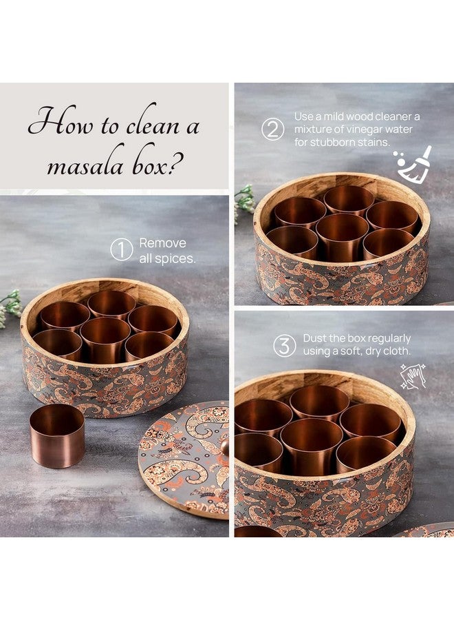 nestroots Wooden Masala Box for Kitchen 9-Inch Spice Organizer with 7 Stainless Steel Jars Anjarai Petti, Masala Dani Box, Cereal, Dry Fruits Durable & Stylish Container |Printed Grey - Image 3