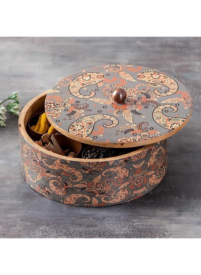 nestroots Wooden Masala Box for Kitchen 9-Inch Spice Organizer with 7 Stainless Steel Jars Anjarai Petti, Masala Dani Box, Cereal, Dry Fruits Durable & Stylish Container |Printed Grey - Image 1