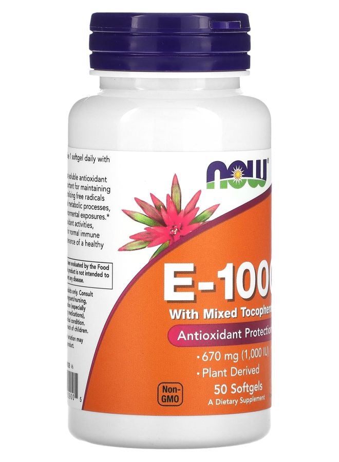 now E-1000 with Mixed Tocopherols 670 mg (1000 IU) 50 Softgels - Image 2