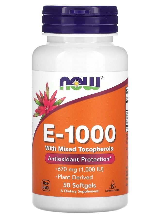 now E-1000 with Mixed Tocopherols 670 mg (1000 IU) 50 Softgels - Image 1