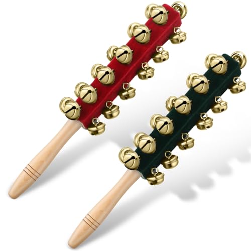 Cindeer 2 Pcs Christmas Hand Sleigh Bells Wooden Handle Jingle Bell Musical Instruments Shaker Rattle Musical Percussion Instrument for Xmas Holiday Wedding Birthday Party Favors(25 Bells) - Image 1