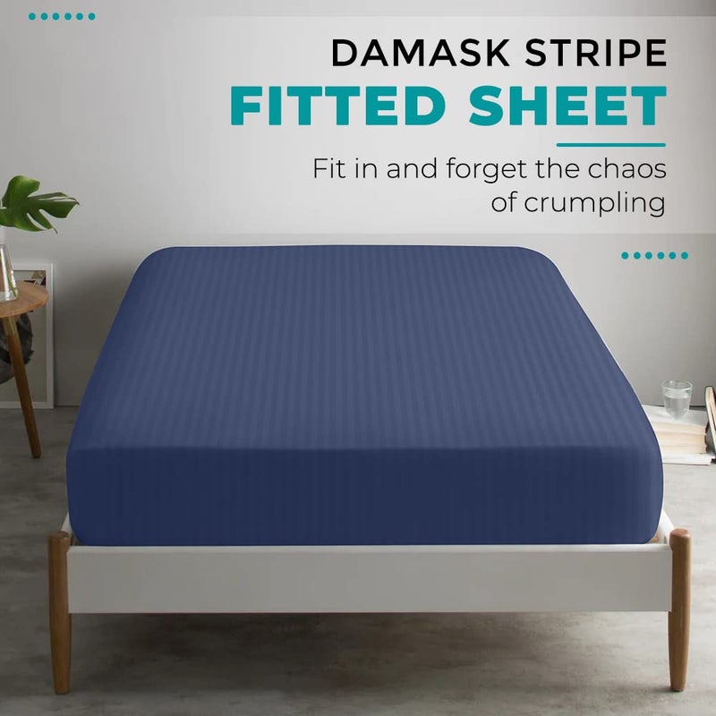 FEATHER & STITCH NEW Feather & Stitch 100% Cotton 1 Piece Damask Stripe King Fitted Sheet 500 Thread Count Dark Blue 18"" Extra Deep Pocket Luxury Sateen Weave Stretchable Boxer Elastic Fits Mattress Perfectly  - Image 5