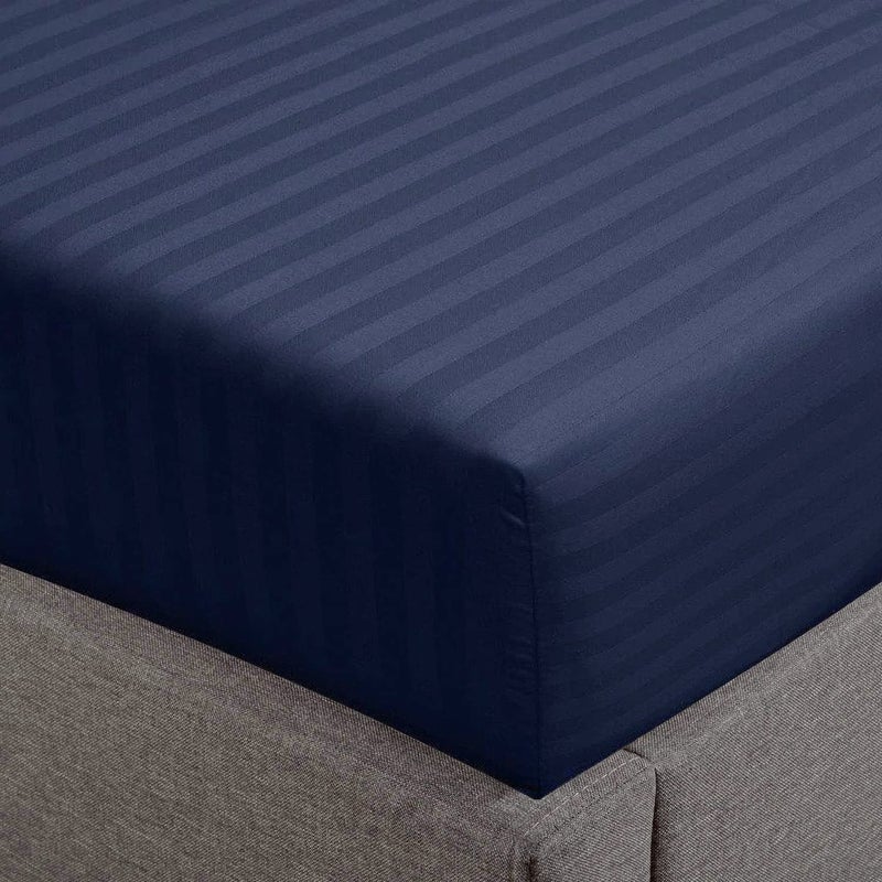 FEATHER & STITCH NEW Feather & Stitch 100% Cotton 1 Piece Damask Stripe King Fitted Sheet 500 Thread Count Dark Blue 18"" Extra Deep Pocket Luxury Sateen Weave Stretchable Boxer Elastic Fits Mattress Perfectly  - Image 1