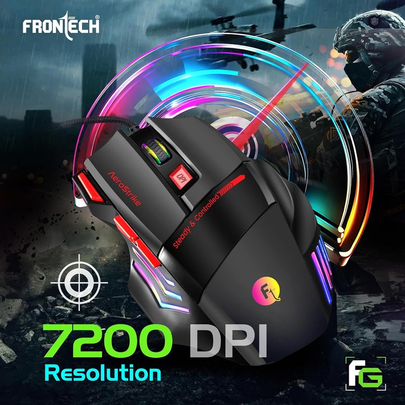 FRONTECH AeroStrike USB Wired Gaming Mouse with Upto 7200 DPI Gaming Sensor | 7 Buttons Design | Rainbow Lighting with Breathing Effect | 1.5m Braided Cable (Black+Red) - Image 4