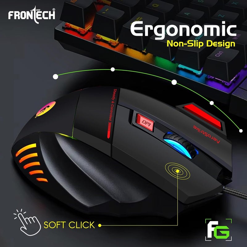 FRONTECH AeroStrike USB Wired Gaming Mouse with Upto 7200 DPI Gaming Sensor | 7 Buttons Design | Rainbow Lighting with Breathing Effect | 1.5m Braided Cable (Black+Red) - Image 5