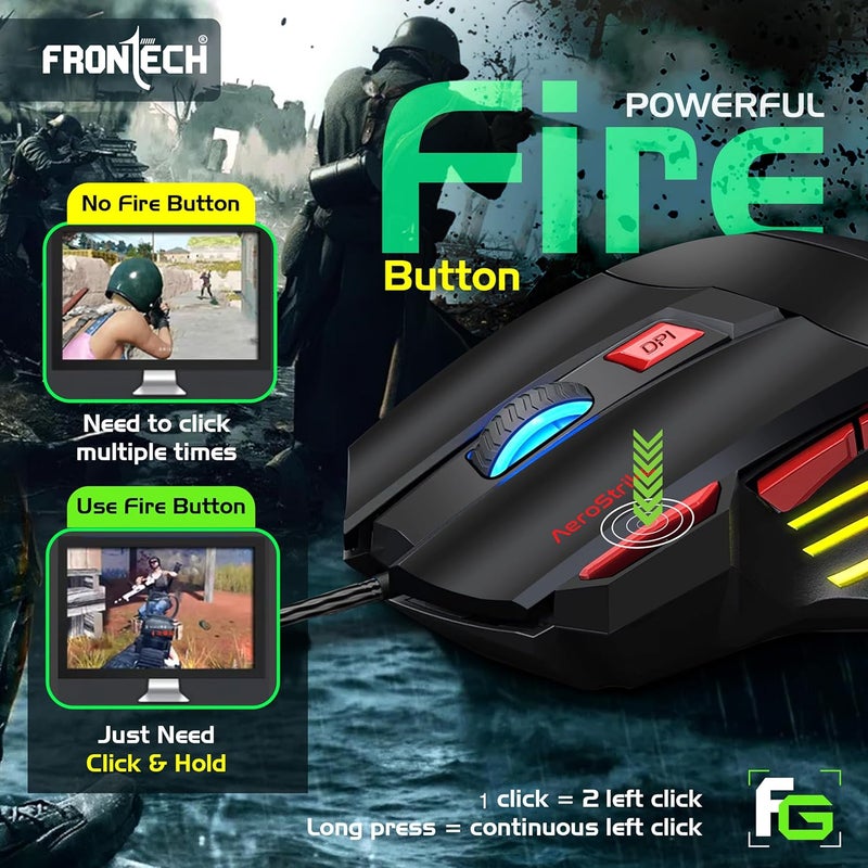 FRONTECH AeroStrike USB Wired Gaming Mouse with Upto 7200 DPI Gaming Sensor | 7 Buttons Design | Rainbow Lighting with Breathing Effect | 1.5m Braided Cable (Black+Red) - Image 3