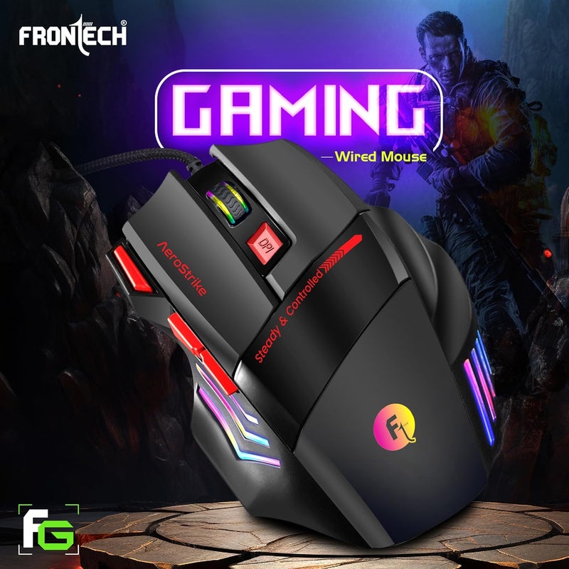 FRONTECH AeroStrike USB Wired Gaming Mouse with Upto 7200 DPI Gaming Sensor | 7 Buttons Design | Rainbow Lighting with Breathing Effect | 1.5m Braided Cable (Black+Red) - Image 2