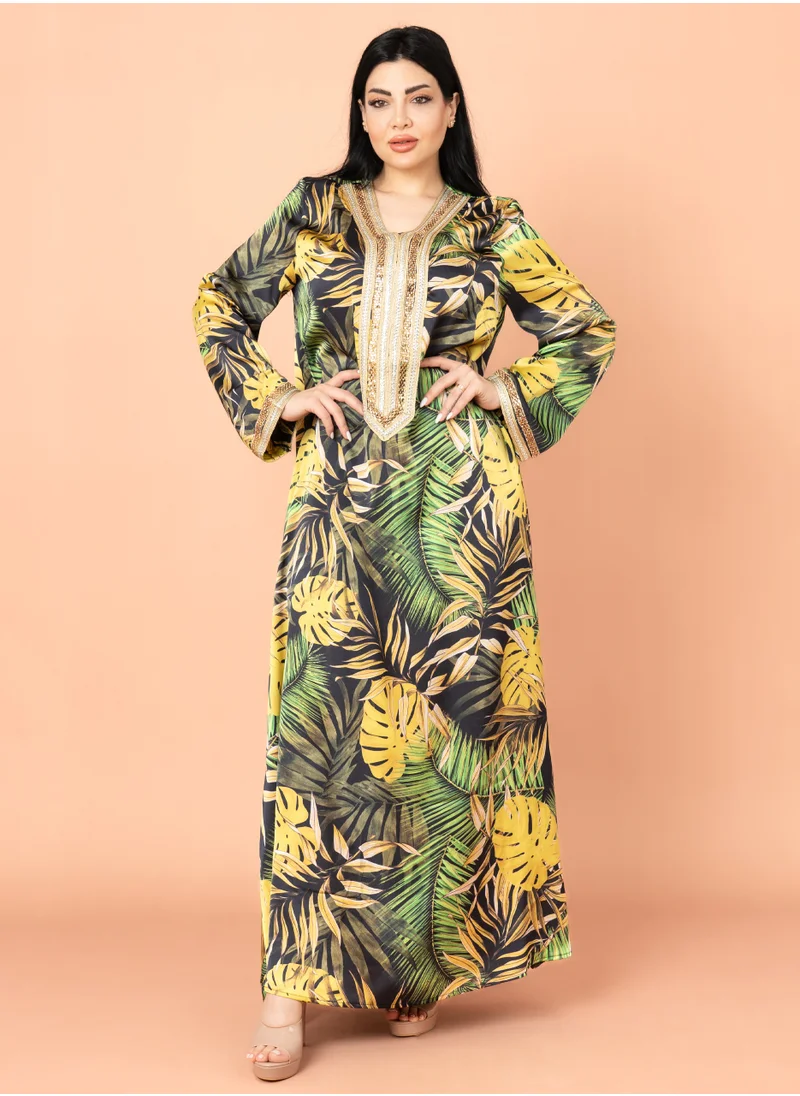 IKKXA Leaves Pattern Embroidered Jalabiya Yellow