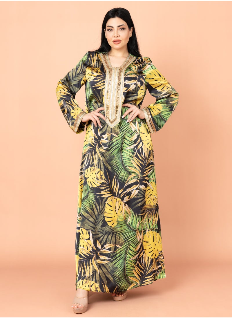 IKKXA Leaves Pattern Embroidered Jalabiya Yellow  - Image 1