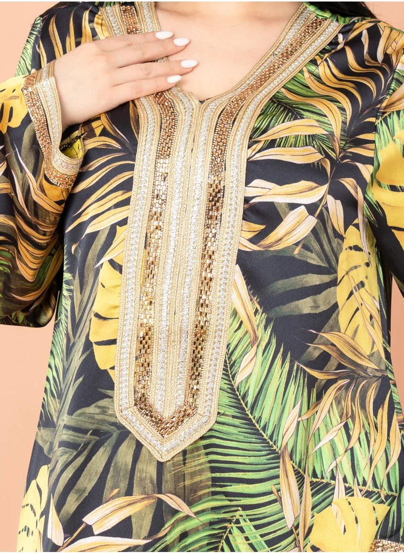 IKKXA Leaves Pattern Embroidered Jalabiya Yellow