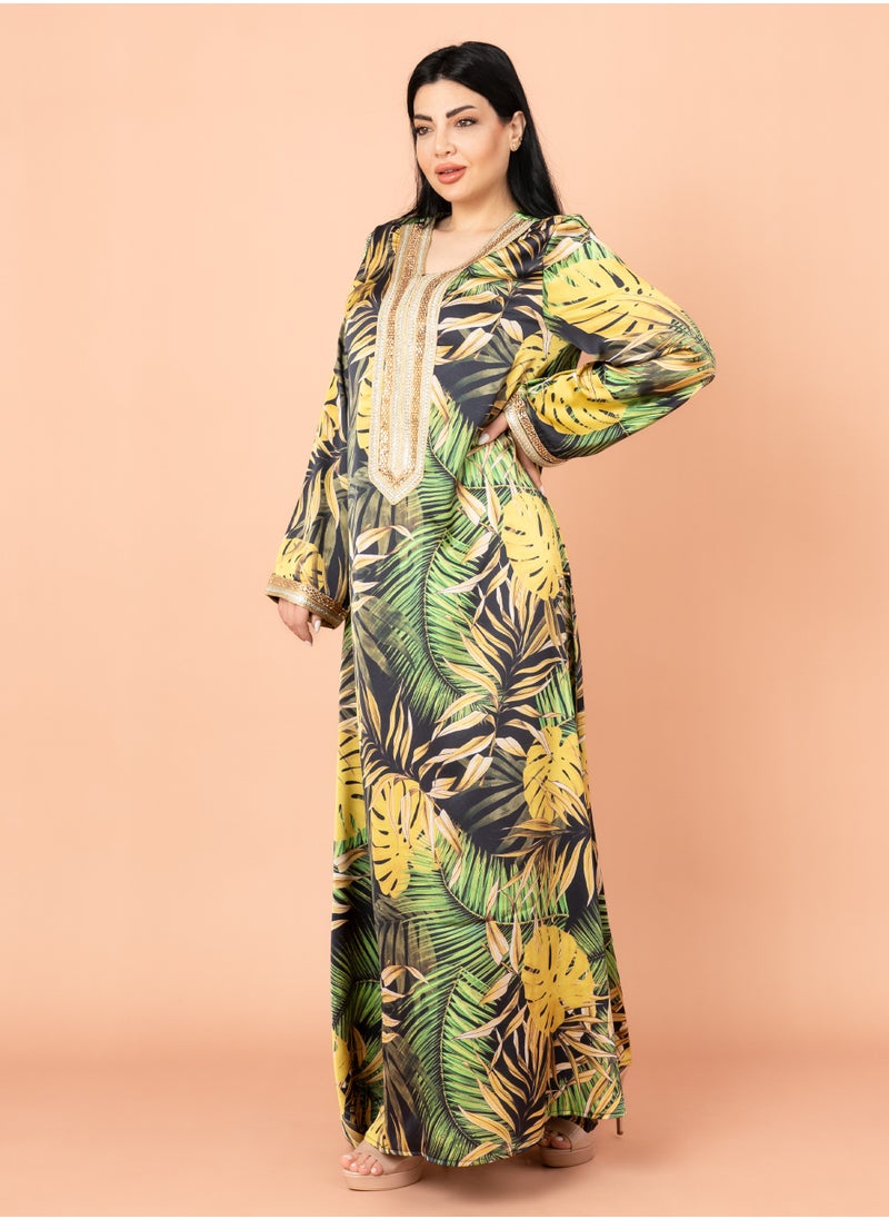 IKKXA Leaves Pattern Embroidered Jalabiya Yellow  - Image 3