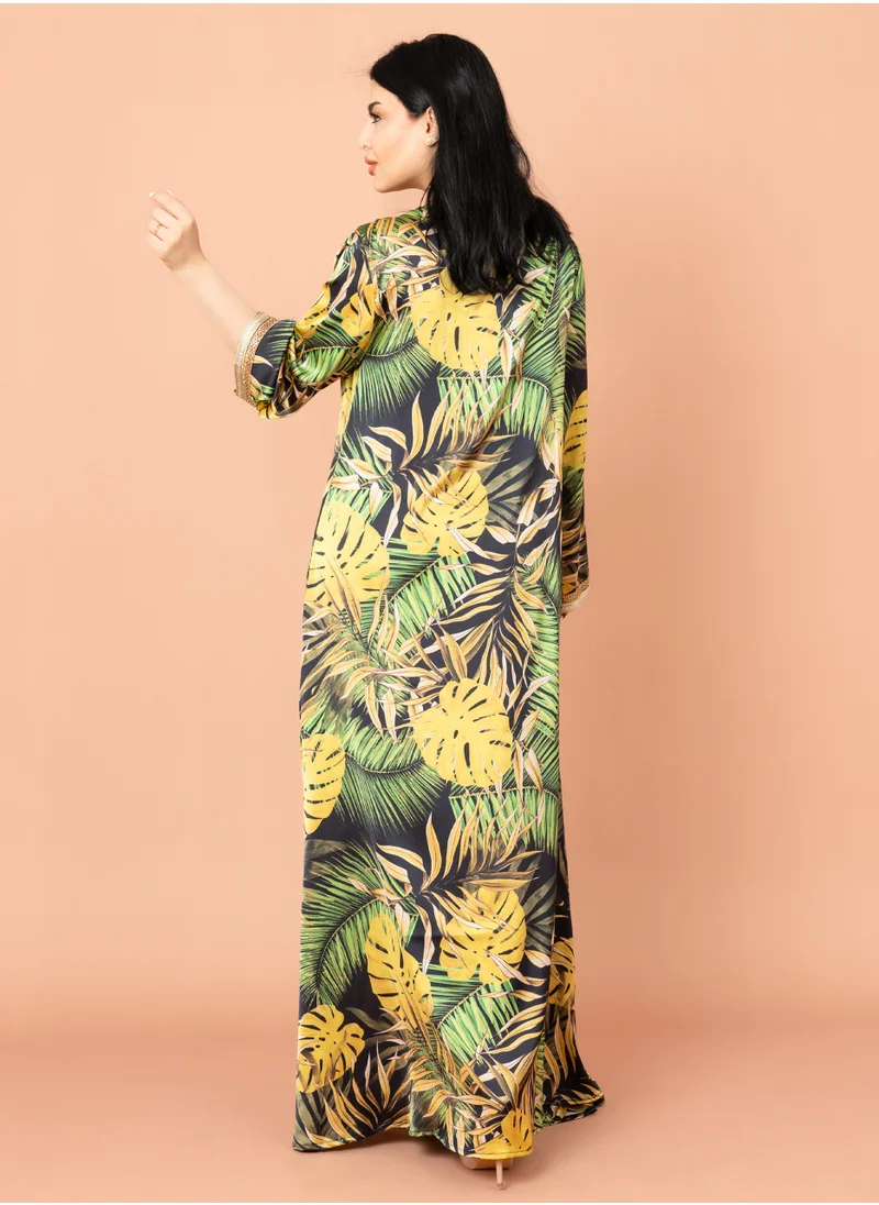 IKKXA Leaves Pattern Embroidered Jalabiya Yellow