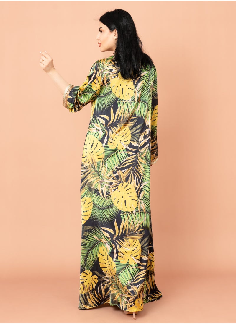 IKKXA Leaves Pattern Embroidered Jalabiya Yellow  - Image 4