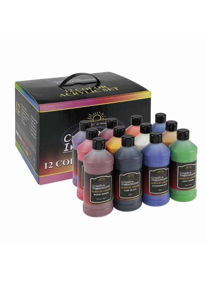 Creative Inspirations Artist Acrylic Paint Set of 12 Assorted Colors - 16 oz Bottles - Image 1