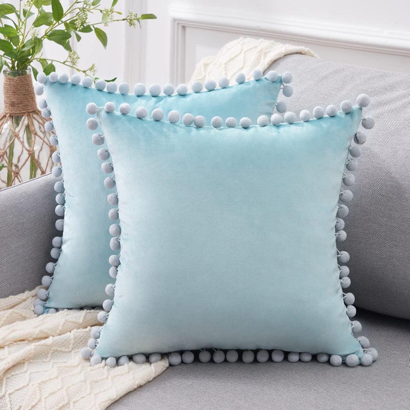Topfinel Top Finel Decorative Throw Pillow Covers 18x18 Set of 2  Baby Blue Pillow Cover with Pom Poms for Couch Bed Sofa  Square Pillows Soft Velvet Pillow Cases for Bedroom Livingroom Boho Home Decor - Image 1