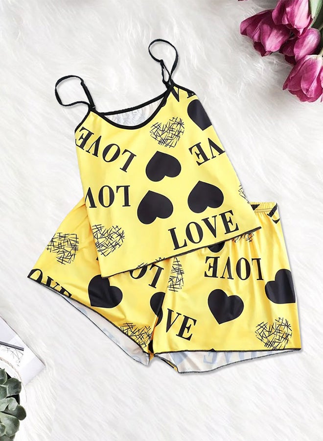MARGOUN Women's 2 Pieces Heart Graphic Print Satin Lounge Set Sleeveless Binding Trim Cami Top and Shorts Pajama Set Yellow - Image 1