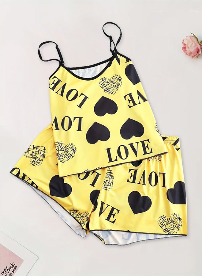 MARGOUN Women's 2 Pieces Heart Graphic Print Satin Lounge Set Sleeveless Binding Trim Cami Top and Shorts Pajama Set Yellow - Image 3