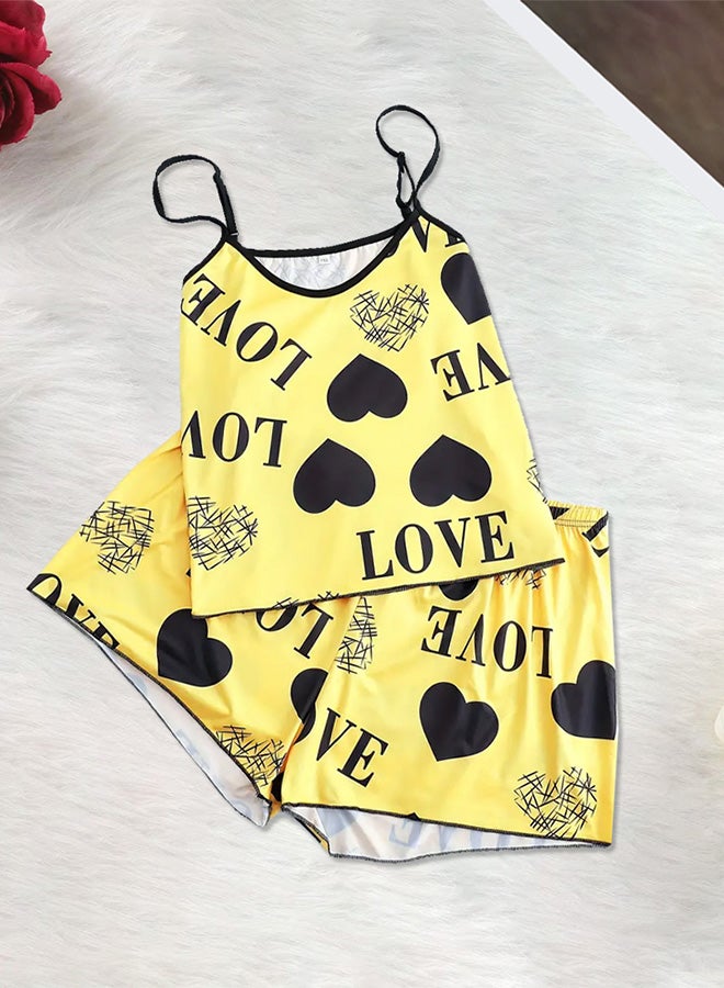 MARGOUN Women's 2 Pieces Heart Graphic Print Satin Lounge Set Sleeveless Binding Trim Cami Top and Shorts Pajama Set Yellow - Image 2
